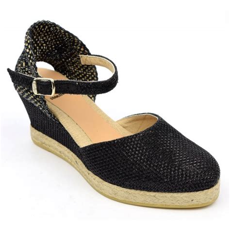 Glitter Leather Espadrilles Wedge Black Women Small Sizes Astrid