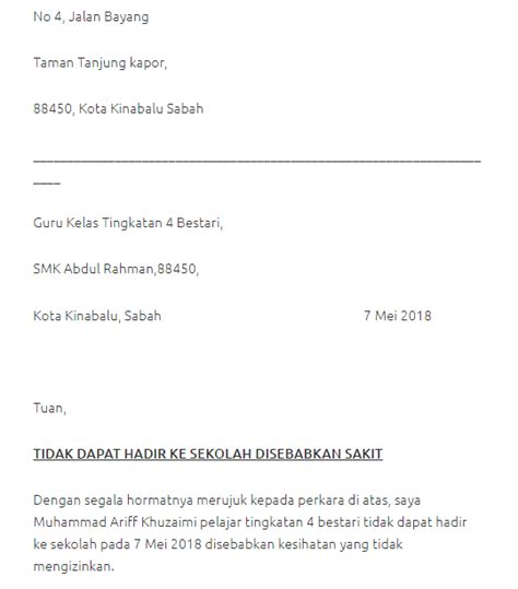 Contoh Surat Cuti Sekolah Kerana Sakit Kumpulan Contoh