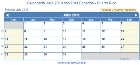 Calendario Julio 2019 Para Imprimir Puerto Rico