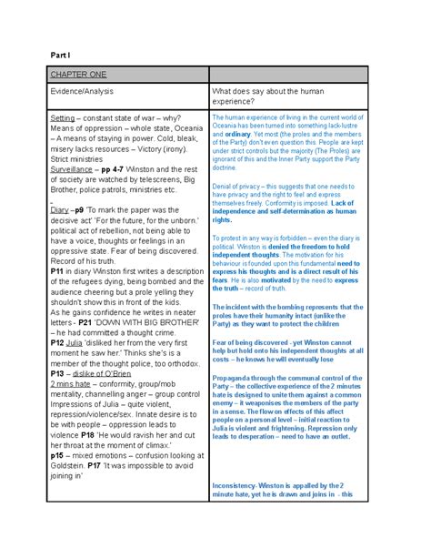 1984 Table - Analysis of 1984 by chapters - Part I CHAPTER ONE Evidence