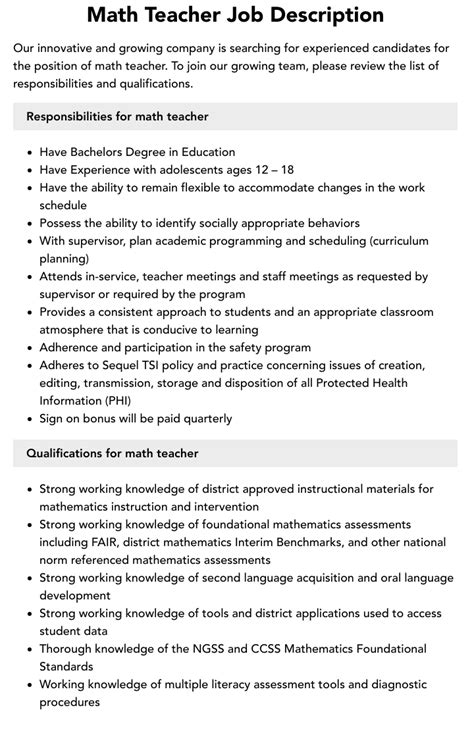 Math Teacher Job Description Velvet Jobs