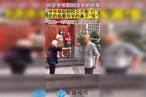 90岁爷爷和88岁奶奶吵架，爷爷举起树杈不敢打，奶奶指着爷爷的鼻子骂，网友：一对老顽童太有意思了。爷爷奶奶鼻子