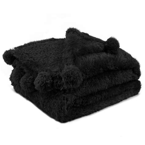 Pavilia Black Sherpa Throw Blanket For Couch Pom Pom Fluffy Plush