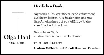 Traueranzeigen Von Olga Hanl Augsburger Allgemeine Zeitung