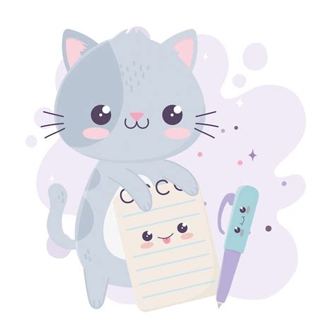 Lindo Gatito Con Bloc De Notas Y Bol Grafo Kawaii Personaje De Dibujos