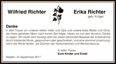 Traueranzeigen Von Wilfried Und Erika Richter Trauer Kreiszeitung De