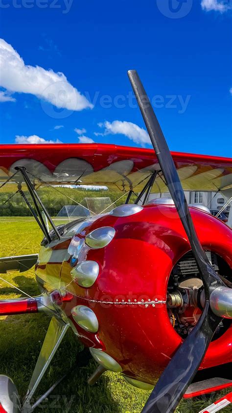 Old Red Airplane Turboprop Engine With Propeller Blades Parts Of Wings