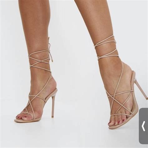 Nude Square Toe Lace Up Heeled Sandals Pretty Little Depop