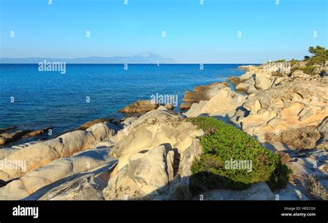 Aegean Sea Coast Landscape And Mount Athos In Mist View From Orange