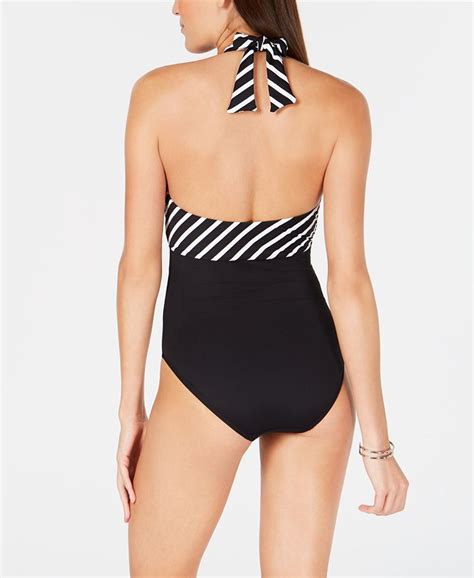 Lauren Ralph Lauren Striped Halter Tummy Control One Piece Swimsuit