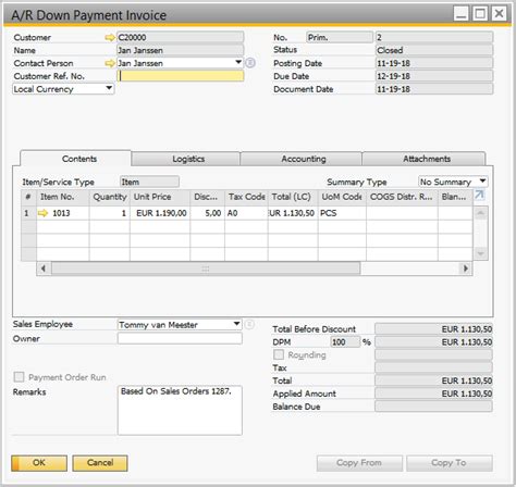 A R Down Payment Invoice