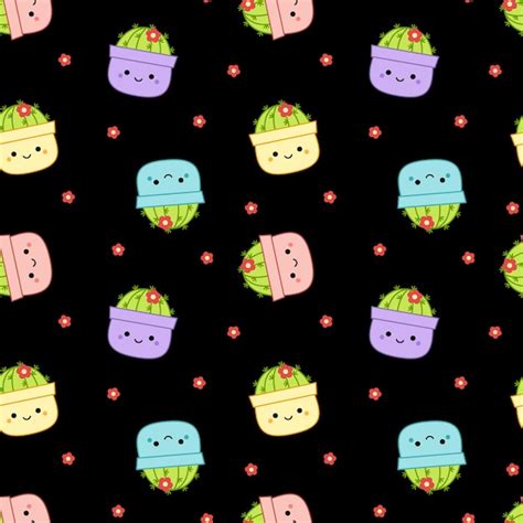 Fleurs En Pots Sur Motif Sans Couture Squishmallow Mignon Cactus Kawaii