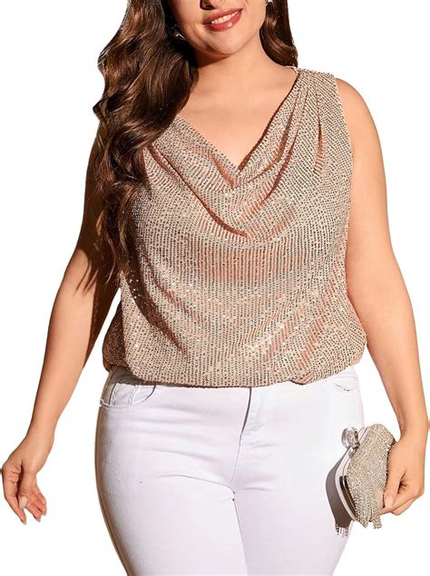 Makemechic Women S Plus Size Sequin Shiny Party Blouse Tank Top