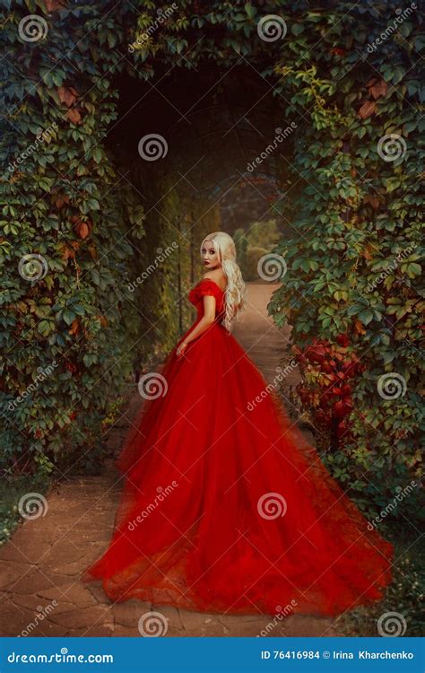 Belle Fille Blonde Dans Une Robe Rouge Luxueuse Photo Stock Image Du