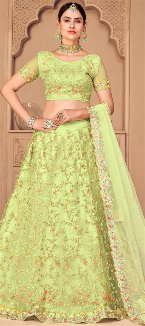 Engagement Mehendi Sangeet Wedding Green Color Net Fabric Lehenga