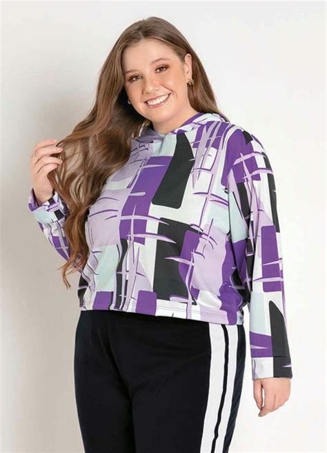 Casaco Abstrato Roxo Capuz Plus Size Marguerite