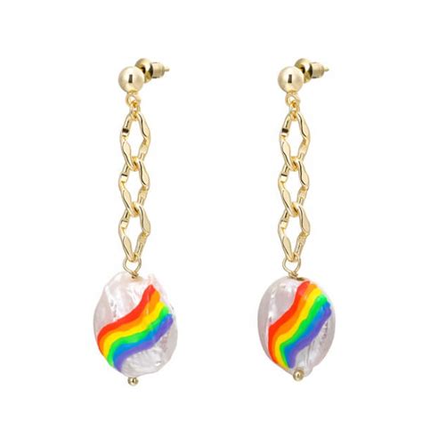 Hypoallergenic Pearl Drop Earring With Dripping Oil Rainbow Ttt Jewelry