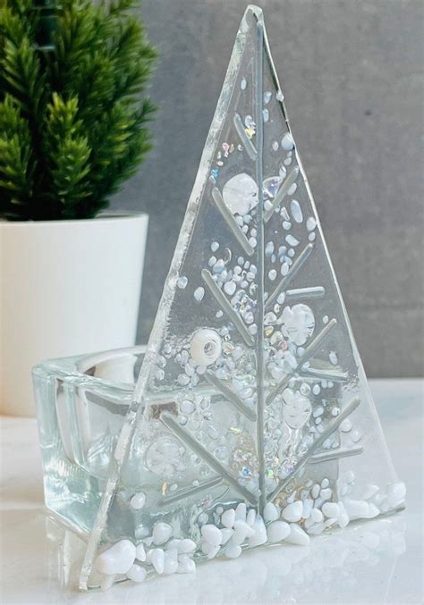 Christmas Tealight Decoration Fused Glass Christmas Tree Tea Light Holder Etsy Uk Arte Con