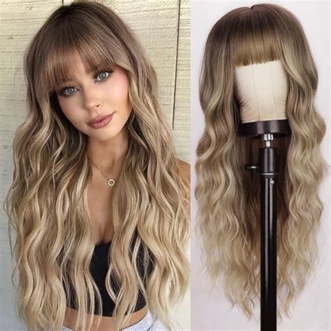 Amazon Lativ Blonde Wig With Bangs Long Wavy Curly Ombre Wig With Dark Root Synthetic Heat