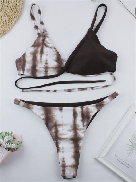 Bikini Imprimé Maillot de Bain Taille Haute avec Bretelles à Col