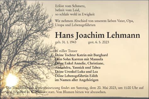 Traueranzeigen Von Hans Joachim Lehmann Lr Online Trauer De