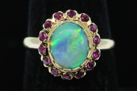 Vintage Ca K Yellow Gold Cabochon Opal And Ruby Ring Etsy