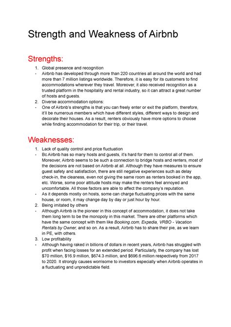 Swot Airbnb Summary Principles Of Marketing Strength And Weakness