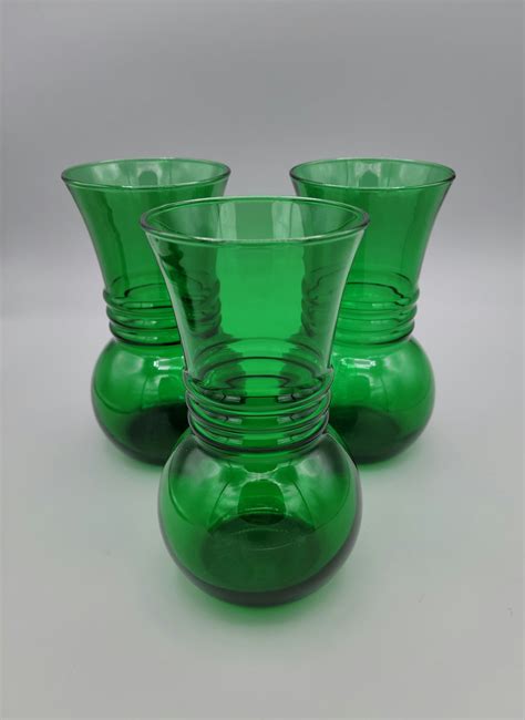 Vintage Forest Green Anchor Hocking Vases Three Etsy