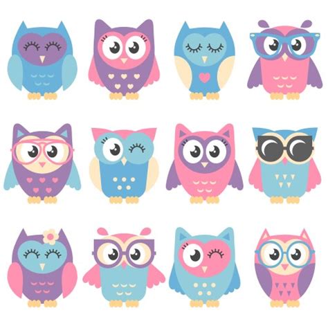 Set Of Cute Blue Owls With Hearts Isolated Vector Image