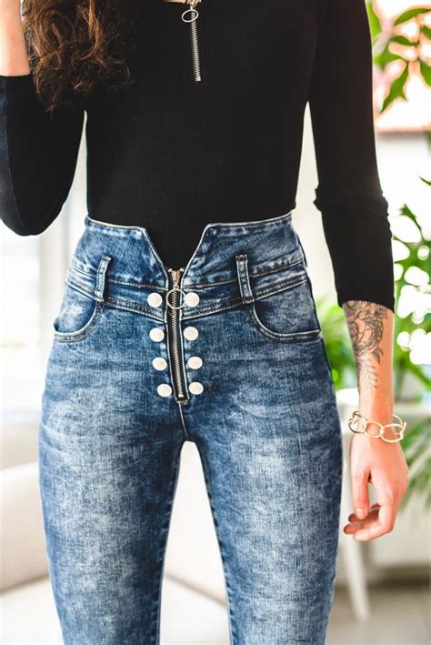 Y Damskie Dekatyzowane Spodnie Jeansowe High Waist Z Zipem Xs S M L