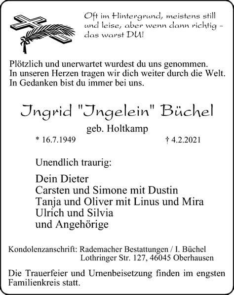 Traueranzeigen von Ingrid Büchel Trauer in NRW de