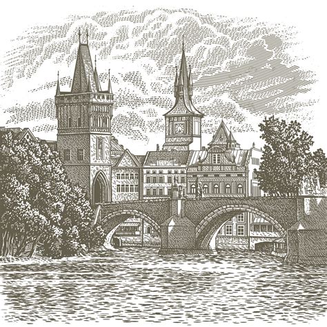 Prague, engraving, illustration by Vadim Briksin / Чехия, Прага ...