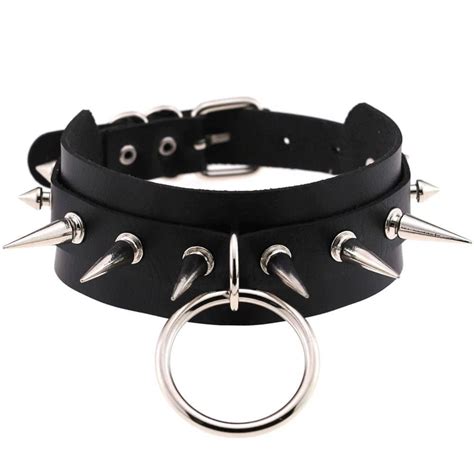 Black Vegan Leather Long Spiked Collar With Large O Ring Choker