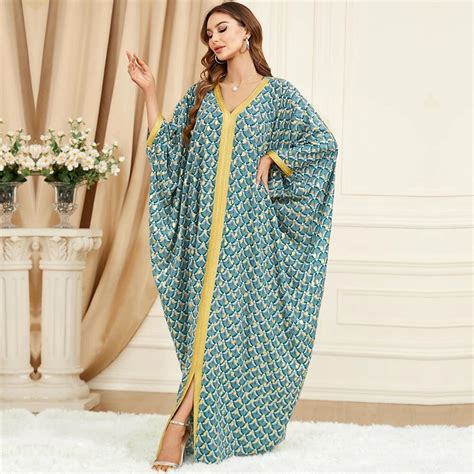 Dubai Women Floral Print Party Maxi Dress Oversized Bat Sleeves Abaya