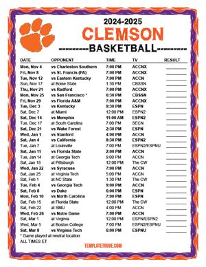 Printable 2024 2025 Clemson Tigers Basketball Schedule