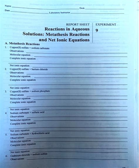 Solved Libonloninanctor Report Sheet Experiment Reactions In Aqueous Solutions Metathesis