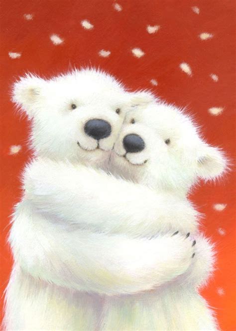 Two White Polar Bears Hugging Each Other In Front Of An Orange