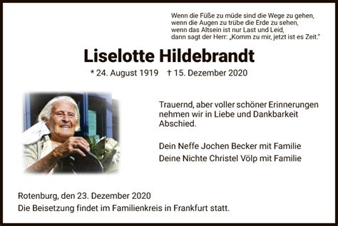 Traueranzeigen Von Liselotte Hildebrandt Trauer Hna De