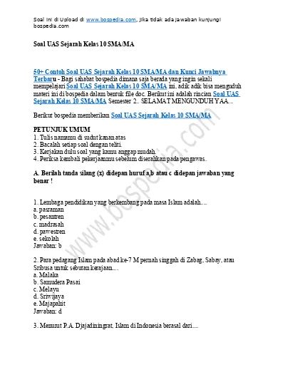 50 Contoh Soal Uas Sejarah Kelas 10 Sma Ma Dan Kunci Jawabnya