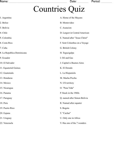 Countries Quiz Worksheet Wordmint