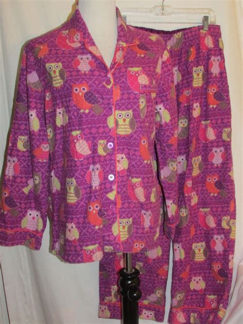 Nick And Nora Sz L Flannel Pajama Set Embroidered Owls Purple Cross