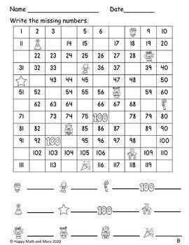 100th Day of School 120 Charts with Missing Numbers Differentiated