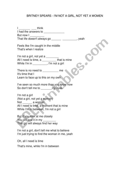 Britney Spears Iï¿½m Not A Girl Esl Worksheet By Recklessoul