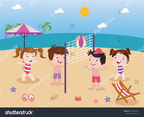 Kids Playing Beach Volley Ball Vector Stock Vector Royalty Free