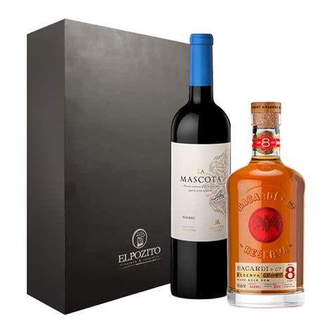 Gift Box Vino La Mascota Malbec Ron Bacardi Reserva Yo Ml El