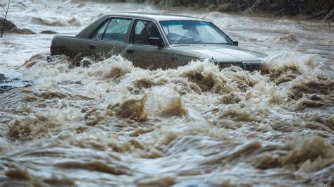 Premium Photo A Car Being Swept Away By A Raging River Highlighting The Dangers Of Flash