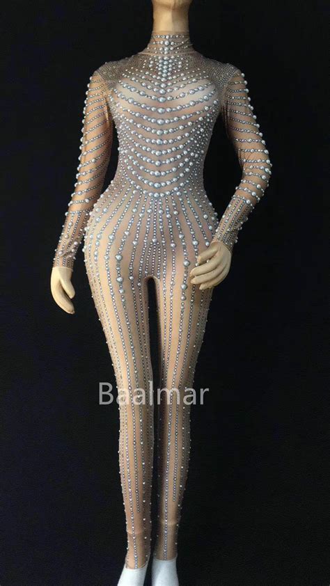 Women Glisten Pearl Jumpsuit Long Sleeves Nightclub Bodysuit Performance Party Celebrate