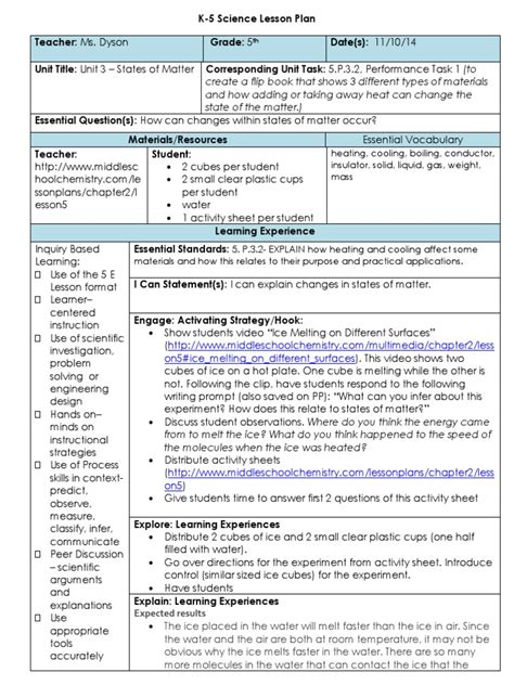 5 E Science Lesson Plan States Of Matter Pdf Ice Lesson Plan