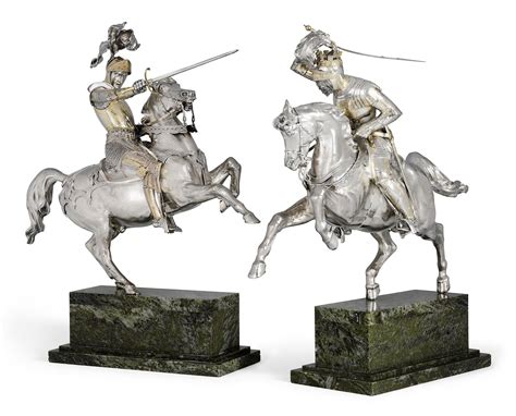 Two German Parcel Gilt Silver Equestrian Figures