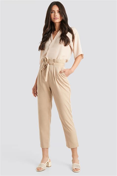 Straight Tied Waist Pants Beige Na Kd